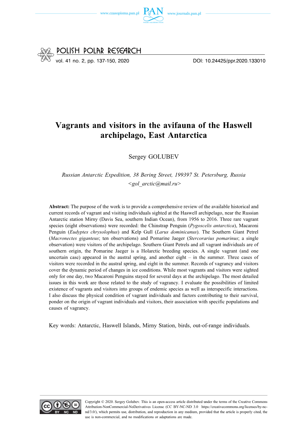 Vagrants and Visitors in the Avifauna of the Haswell Archipelago, East Antarctica