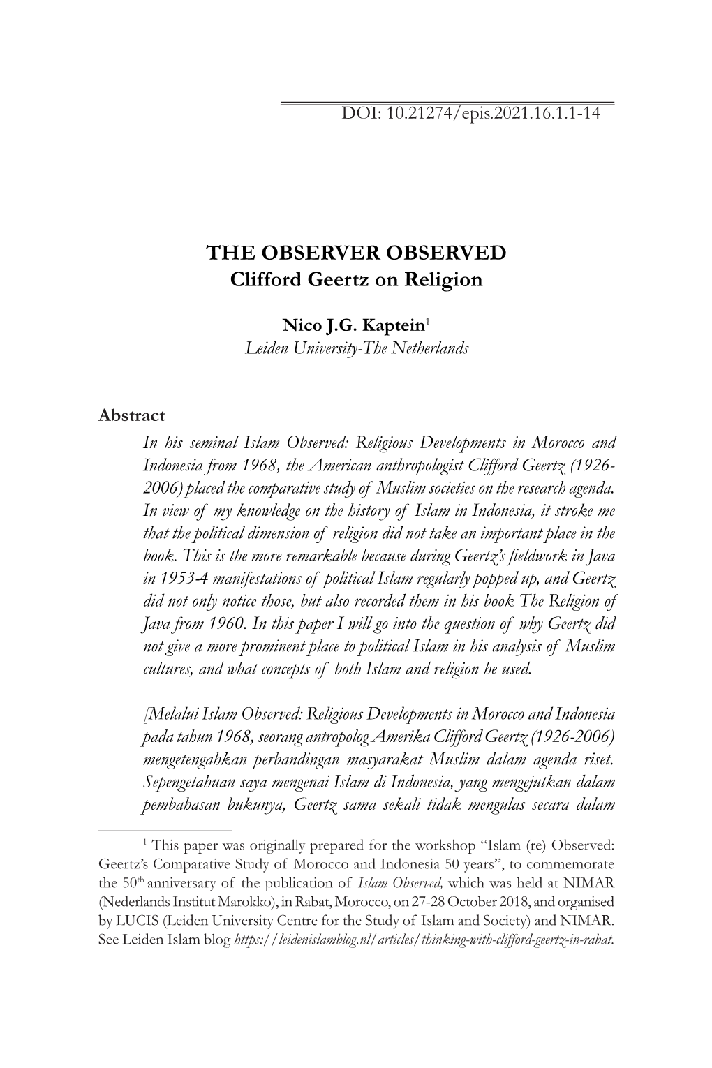 THE OBSERVER OBSERVED Clifford Geertz on Religion