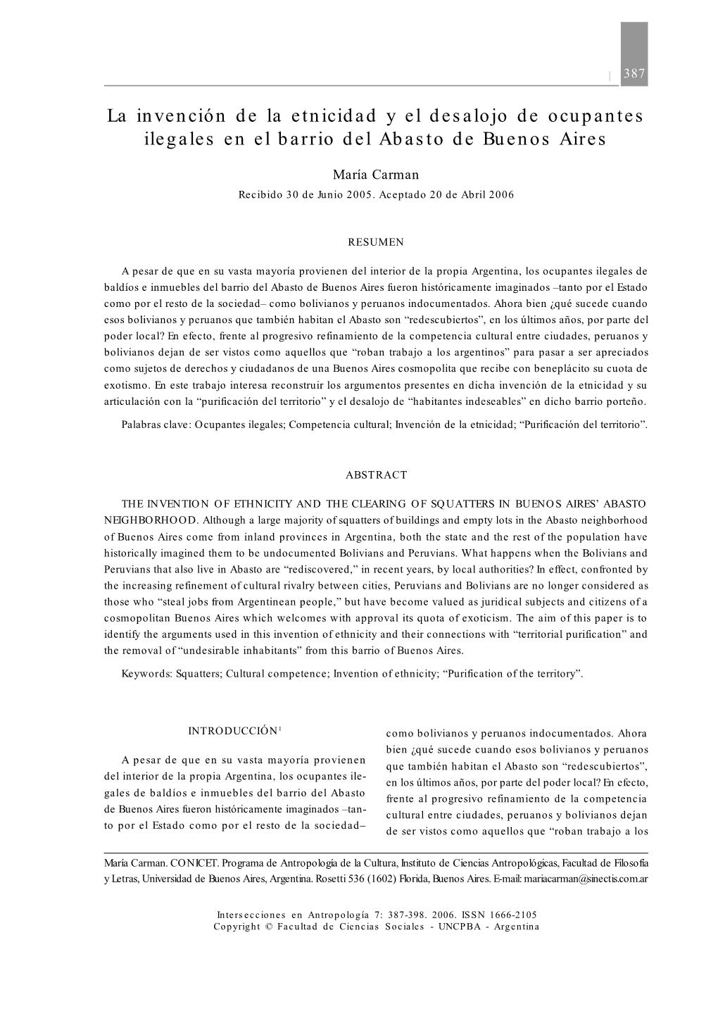 La Invención De La Etnicidad Y El Desalojo De Ocupantes Ilegales En El Barrio Del Abasto De Buenos Aires