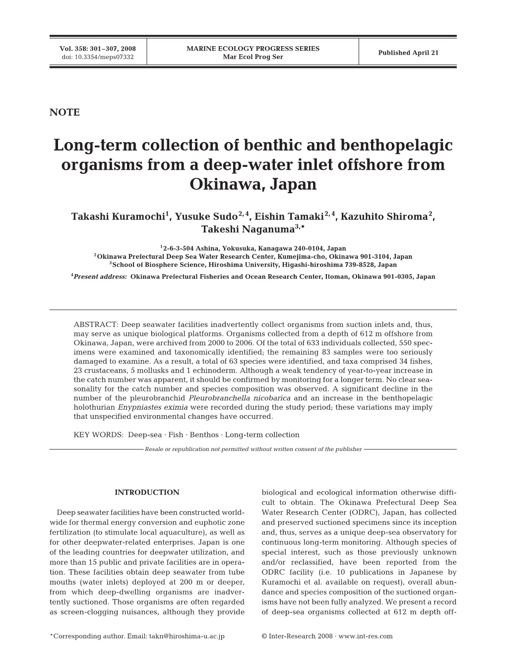 Long-Term Collection of Benthic and Benthopelagic Organisms from a Deep-Water Inlet Offshore from Okinawa, Japan