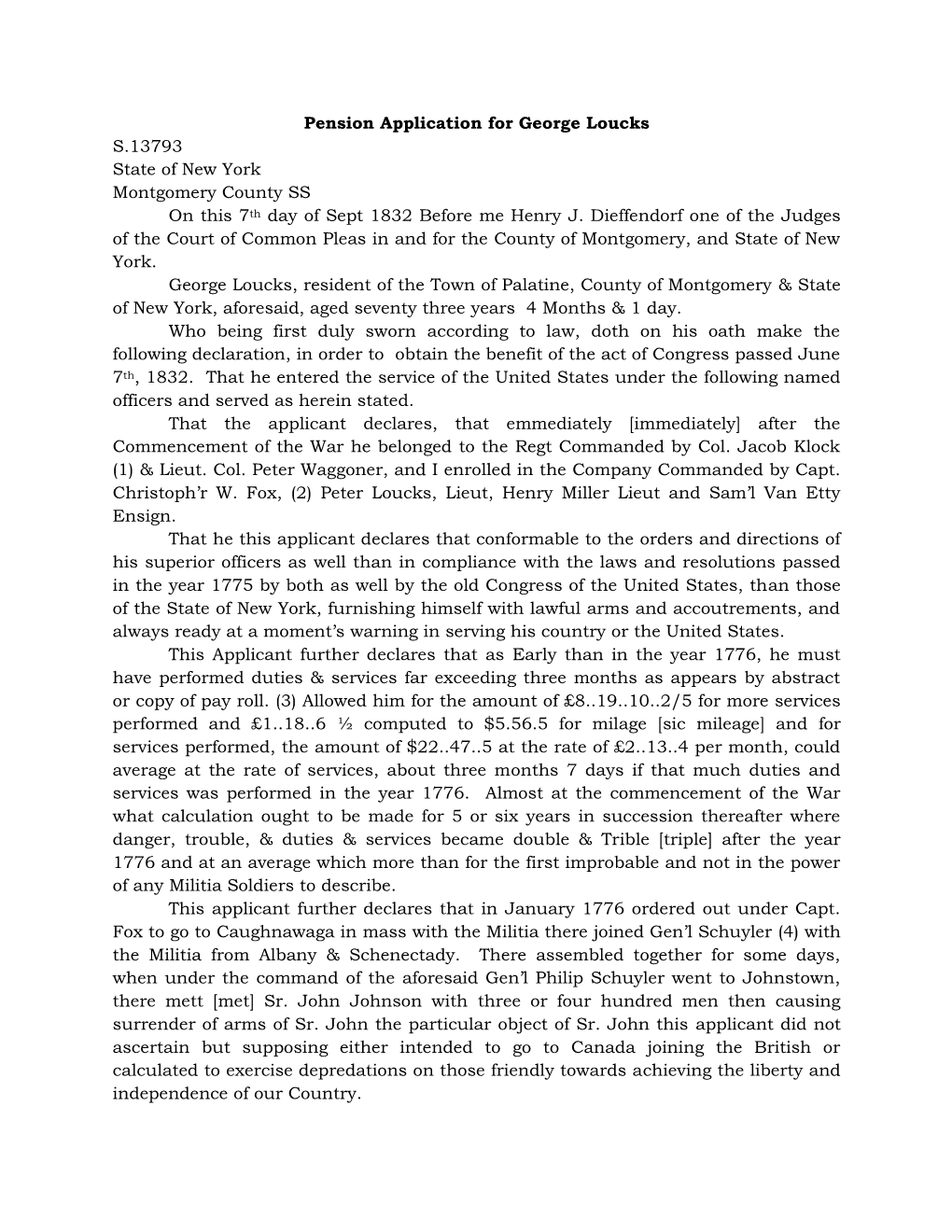 Pension Application for George Loucks S.13793 State of New York Montgomery County SS on This 7Th Day of Sept 1832 Before Me Henry J