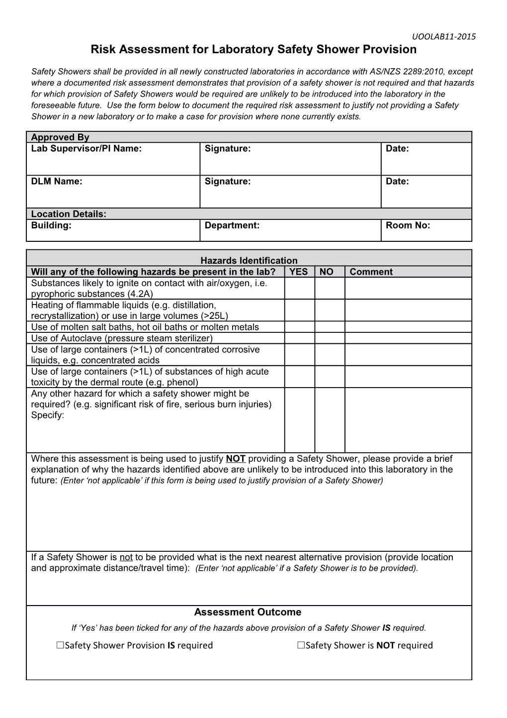 Risk Assessment for Laboratory Safety Shower Provision