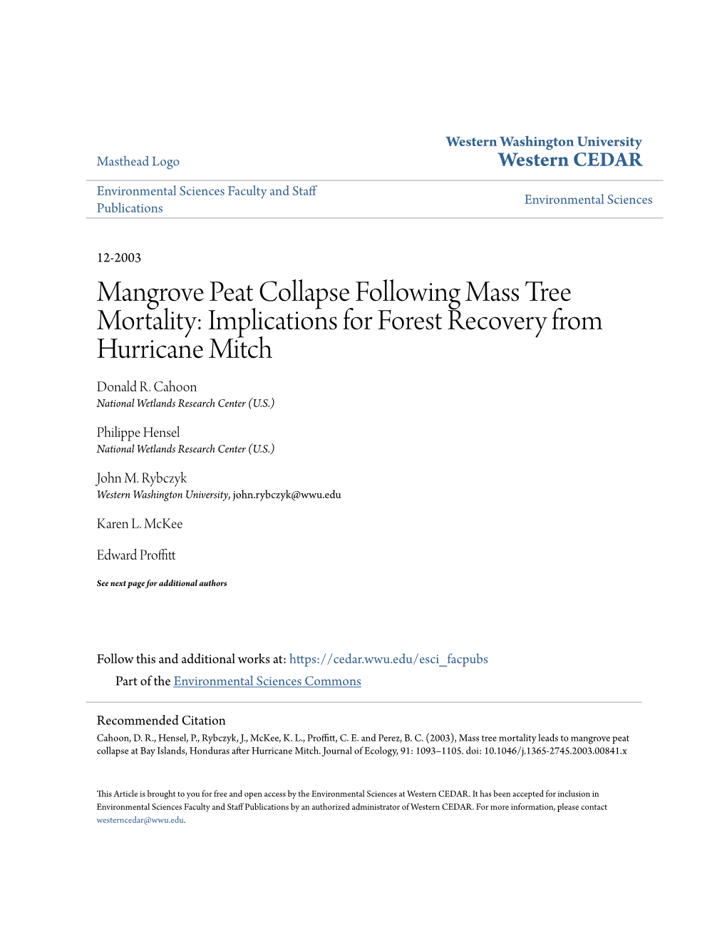 Mangrove Peat Collapse Following Mass Tree Mortality: Implications for Forest Recovery from Hurricane Mitch Donald R