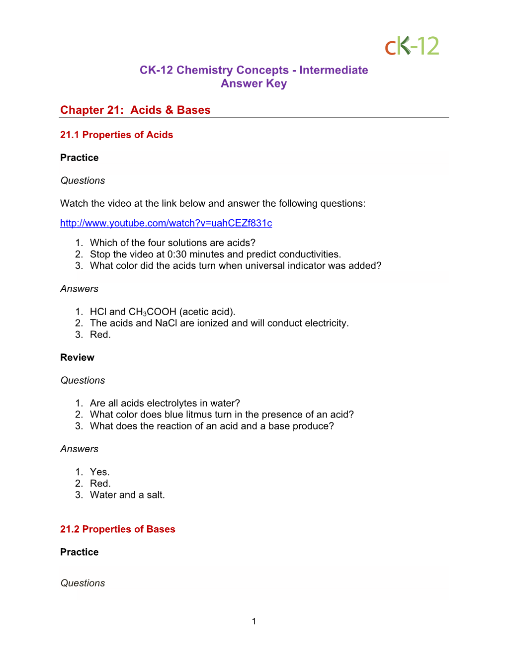 Intermediate Answer Key Chapter 21: Acids & Bases