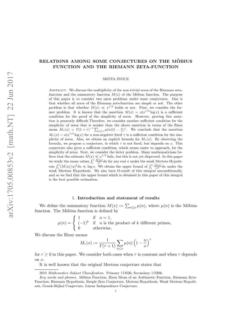 Arxiv:1705.00853V2 [Math.NT] 22 Jun 2017 Edsusterezmeans Riesz the Discuss We Ucin H ¨Bu Ucini Endby Deﬁned Is M¨Obius Function the Function