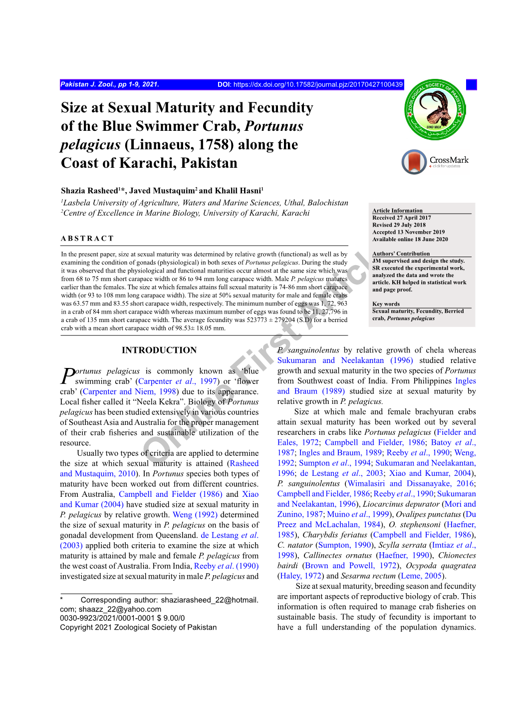 Size at Sexual Maturity and Fecundity of the Blue Swimmer Crab, Portunus Pelagicus (Linnaeus, 1758) Along the Coast of Karachi, Pakistan