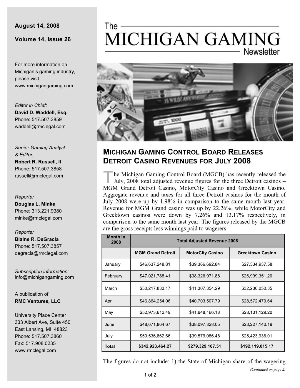 Michigan Gaming Control Board Releases Detroit