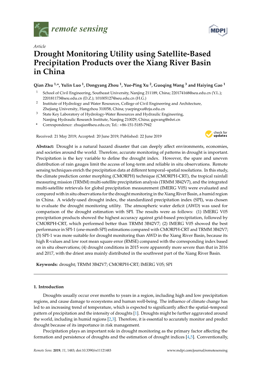 Drought Monitoring Utility Using Satellite-Based Precipitation Products Over the Xiang River Basin in China