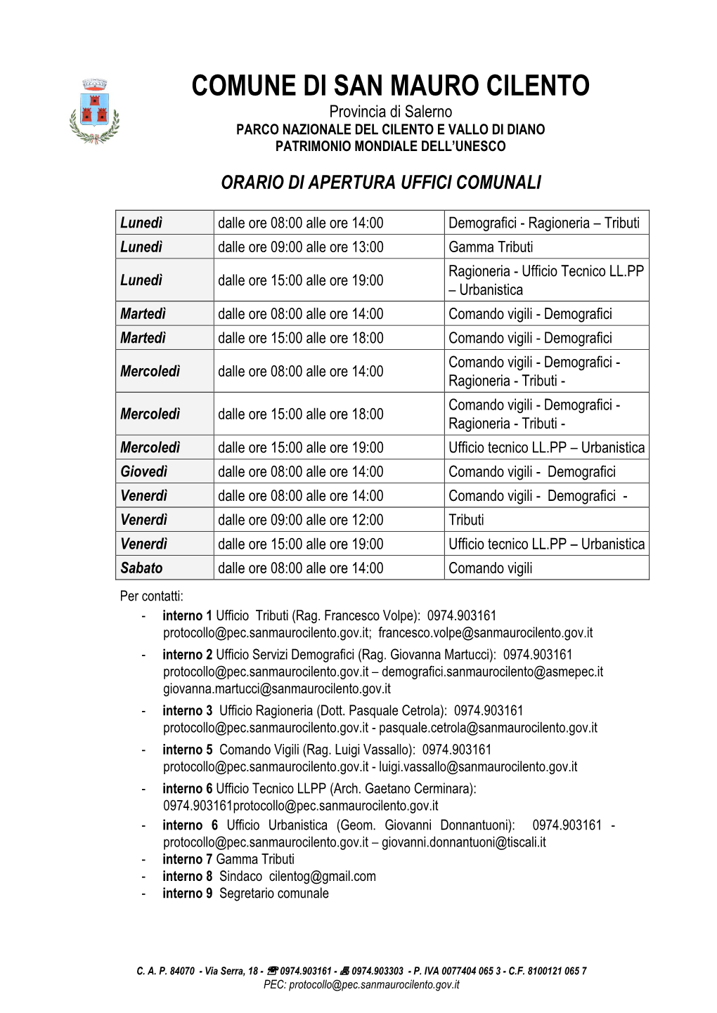 Orario Di Apertura Uffici Comunali