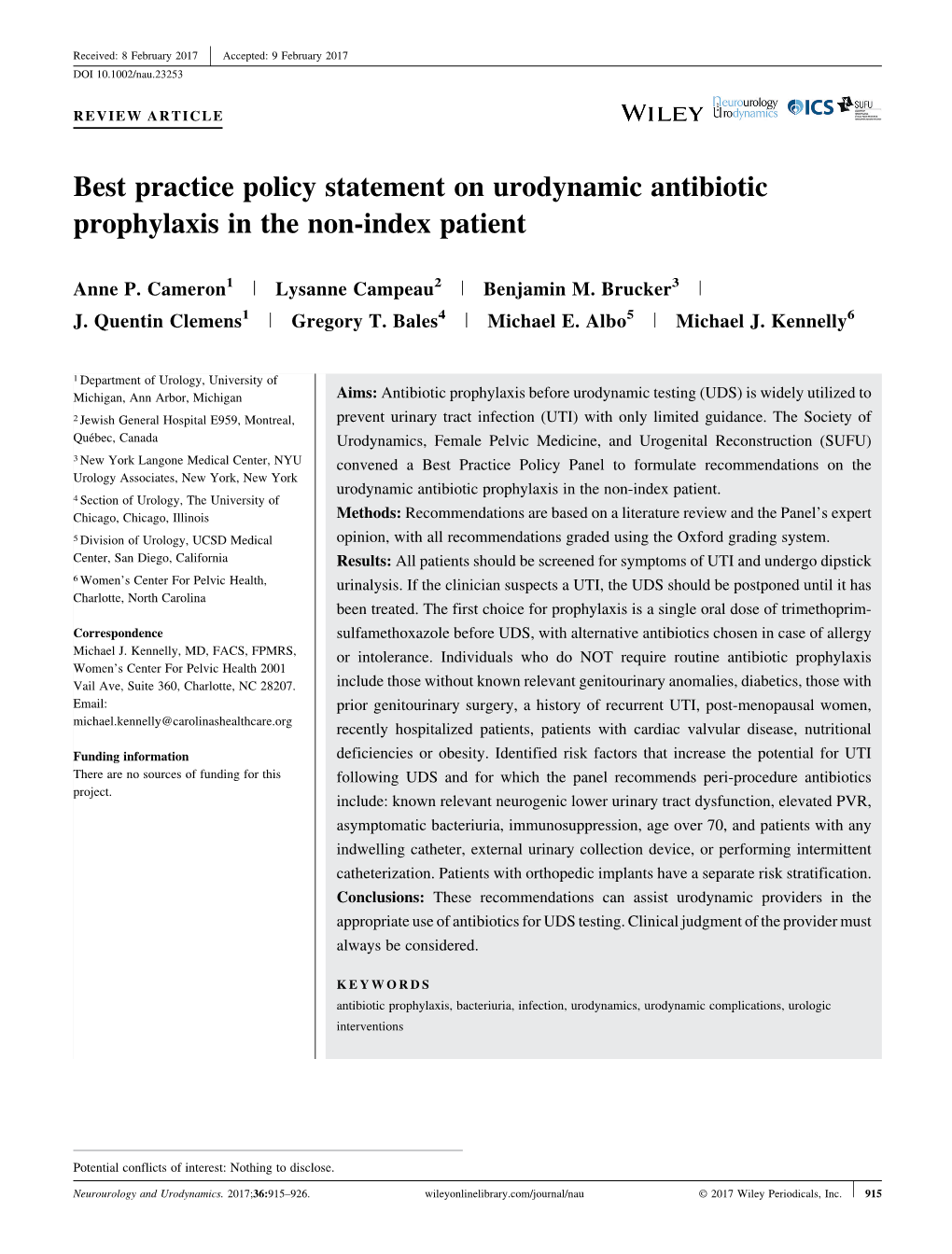 Best Practice Policy Statement on Urodynamic Antibiotic Prophylaxis in the Non-Index Patient