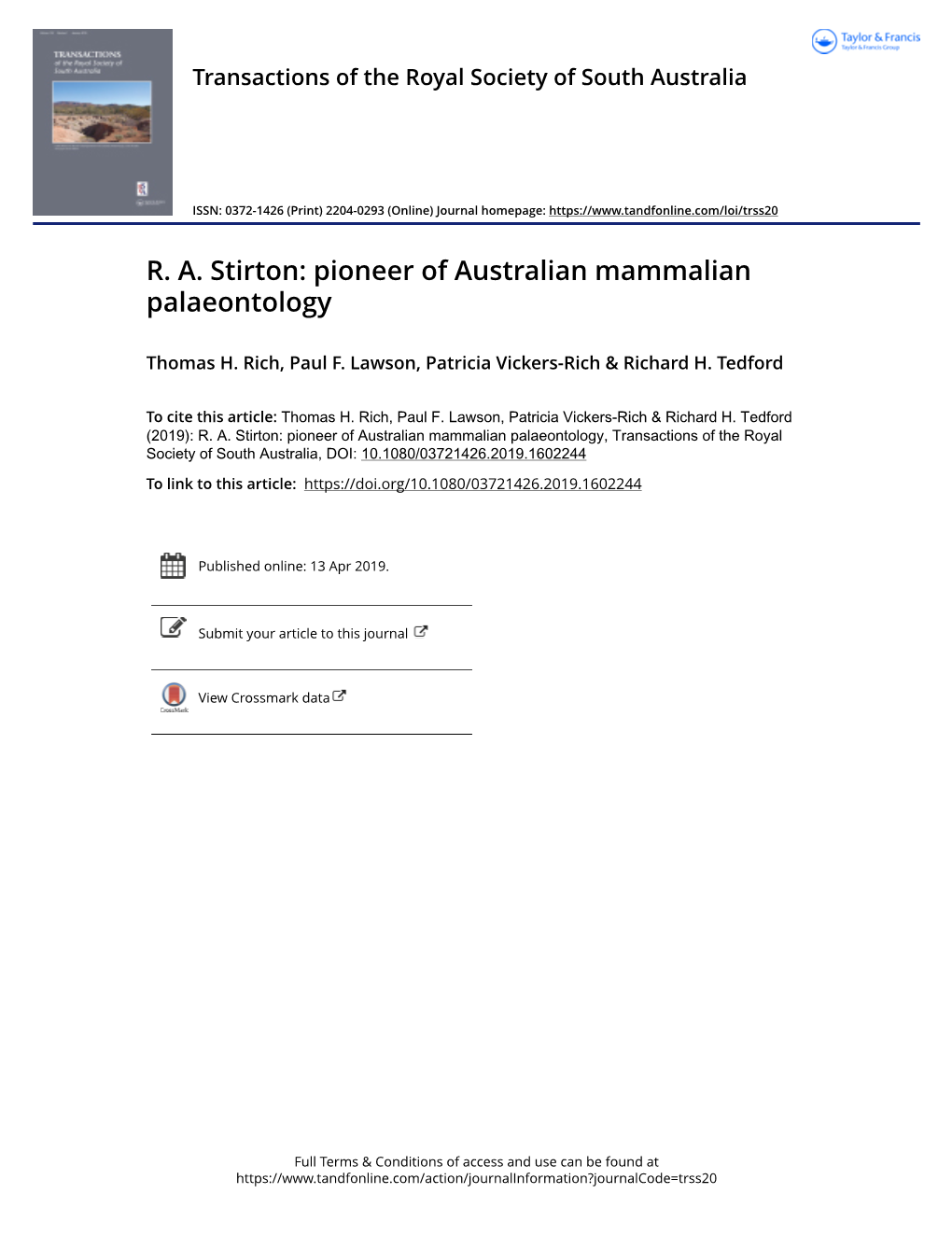 R. A. Stirton: Pioneer of Australian Mammalian Palaeontology