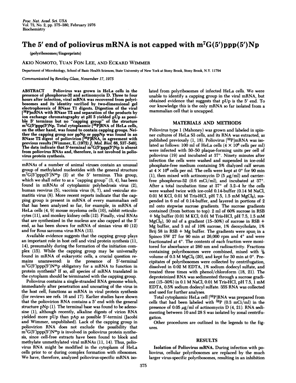 The 5' End of Poliovirus Mrna Is Not Capped Withm7g(5'