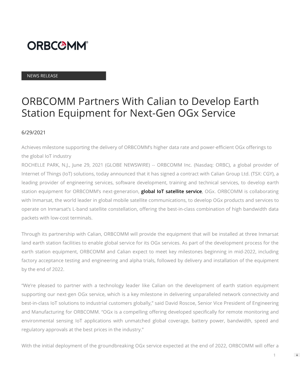 ORBCOMM Partners with Calian to Develop Earth Station Equipment for Next-Gen Ogx Service