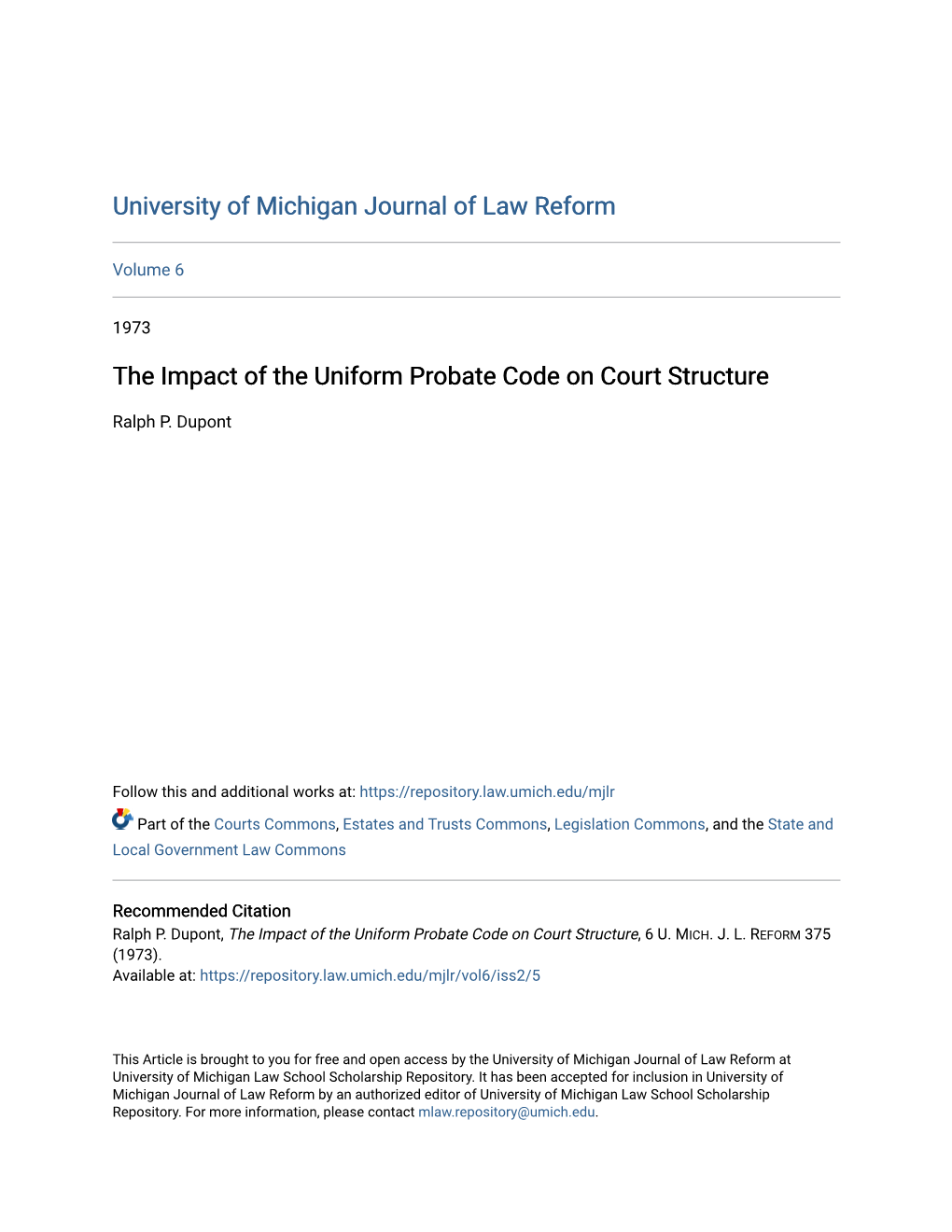 The Impact of the Uniform Probate Code on Court Structure