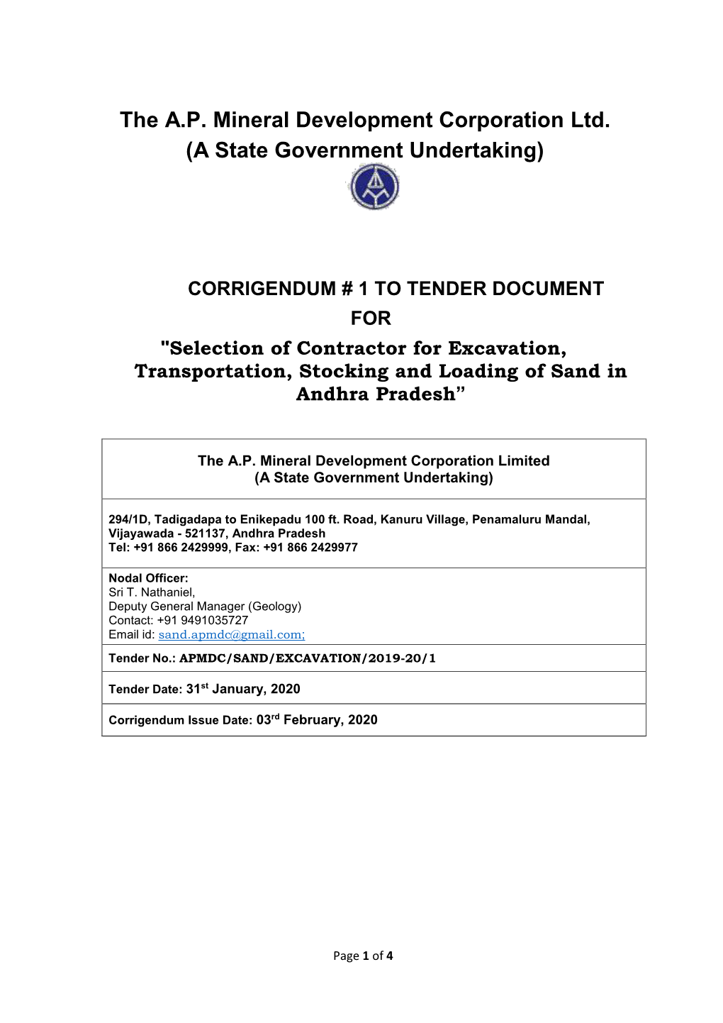 The A.P. Mineral Development Corporation Ltd. (A State Government Undertaking)