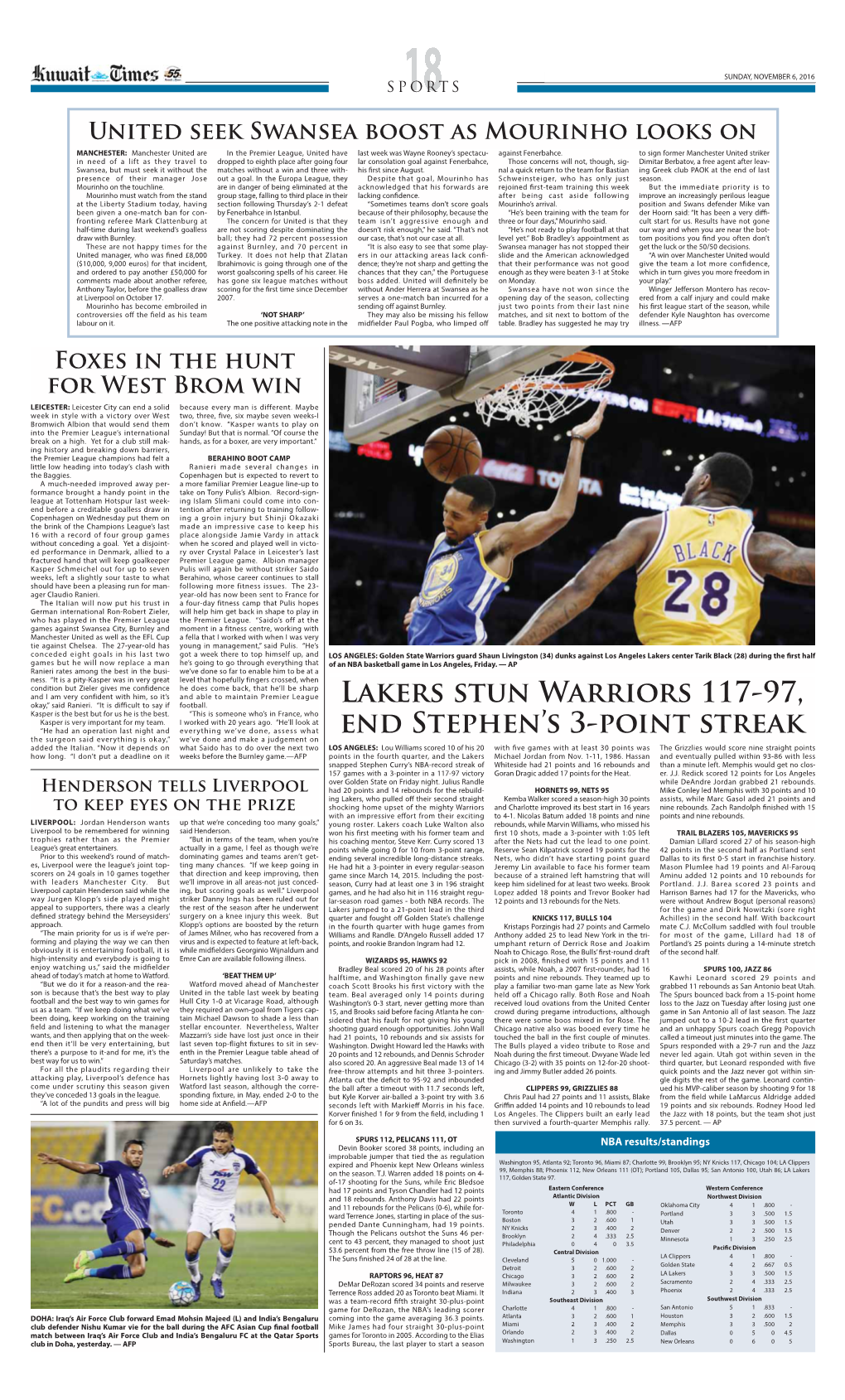 Lakers Stun Warriors 117-97, End Stephen's 3-Point Streak