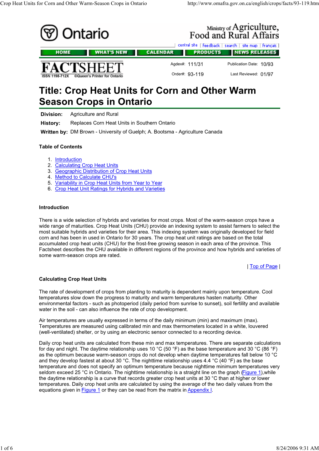 Crop Heat Units for Corn and Other Warm-Season Crops in Ontario