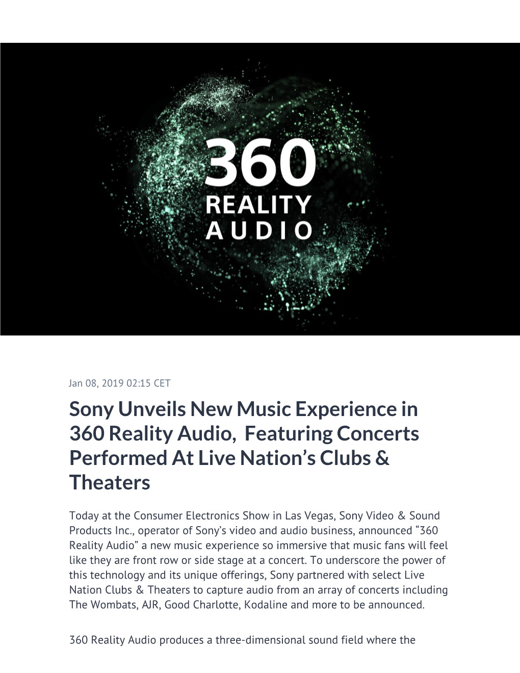 Sony Unveils New Music Experience in 360 Reality Audio, Featuring Concerts Performed at Live Nation’S Clubs & Theaters