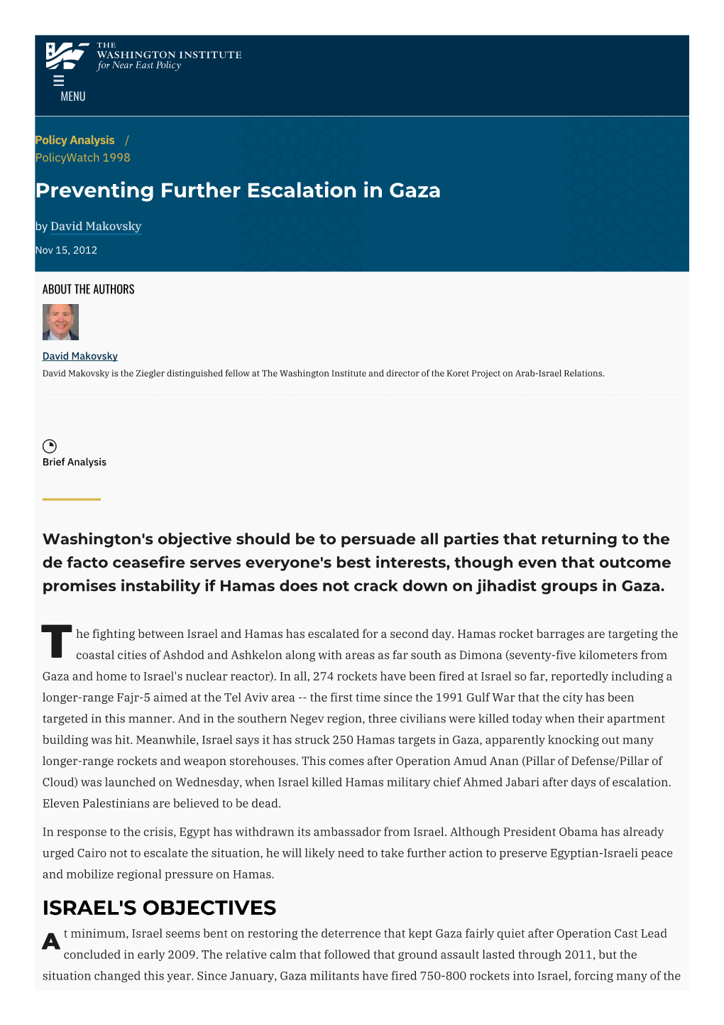 Preventing Further Escalation in Gaza | the Washington Institute