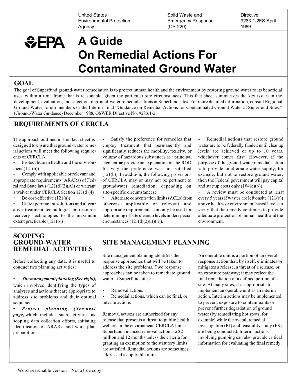 A Guide on Remedial Actions for Contaminated Ground Water