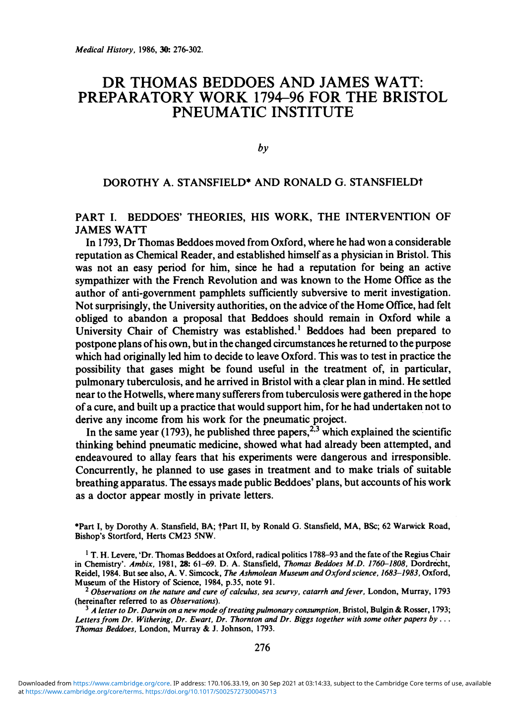 Dr Thomas Beddoes and James Watt: Preparatory Work 1794-96 for the Bristol Pneumatic Institute