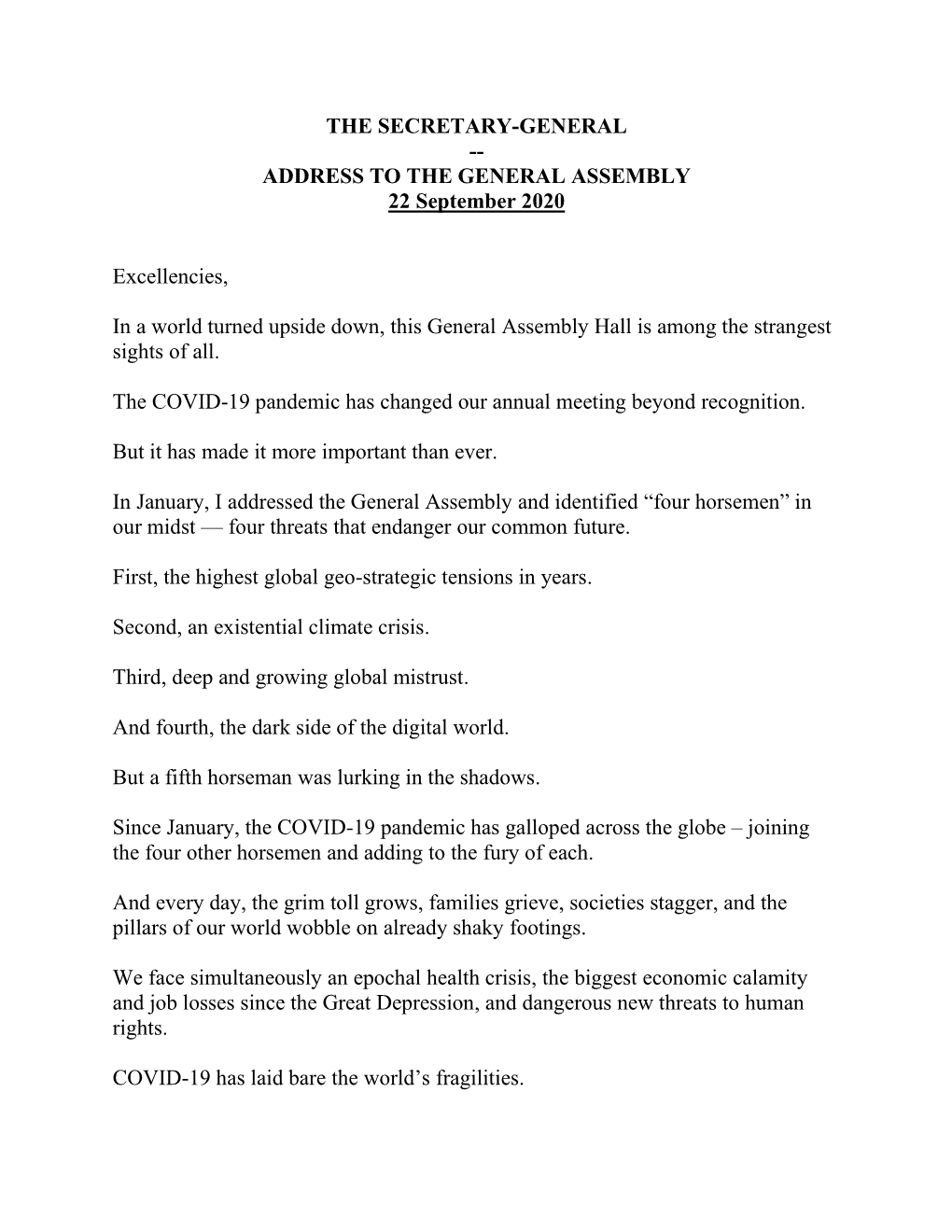 ADDRESS to the GENERAL ASSEMBLY 22 September 2020