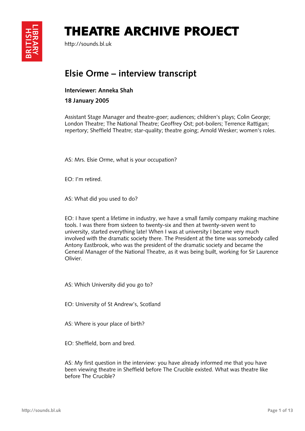 Theatre Archive Project: Interview with Elsie Orme