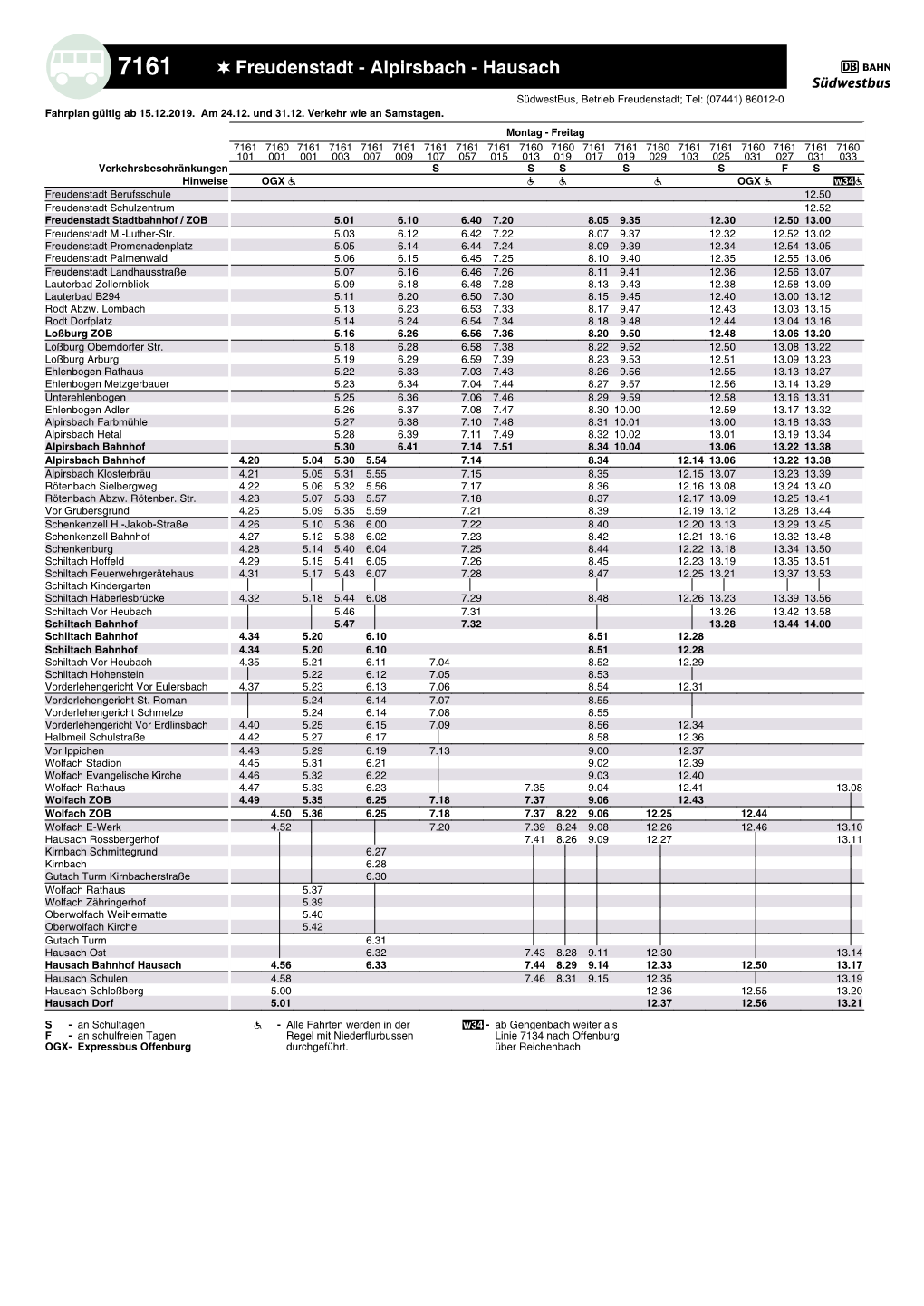 Freudenstadt - Alpirsbach - Hausach 3 Südwestbus, Betrieb Freudenstadt; Tel: (07441) 86012-0 Fahrplan Gültig Ab 15.12.2019