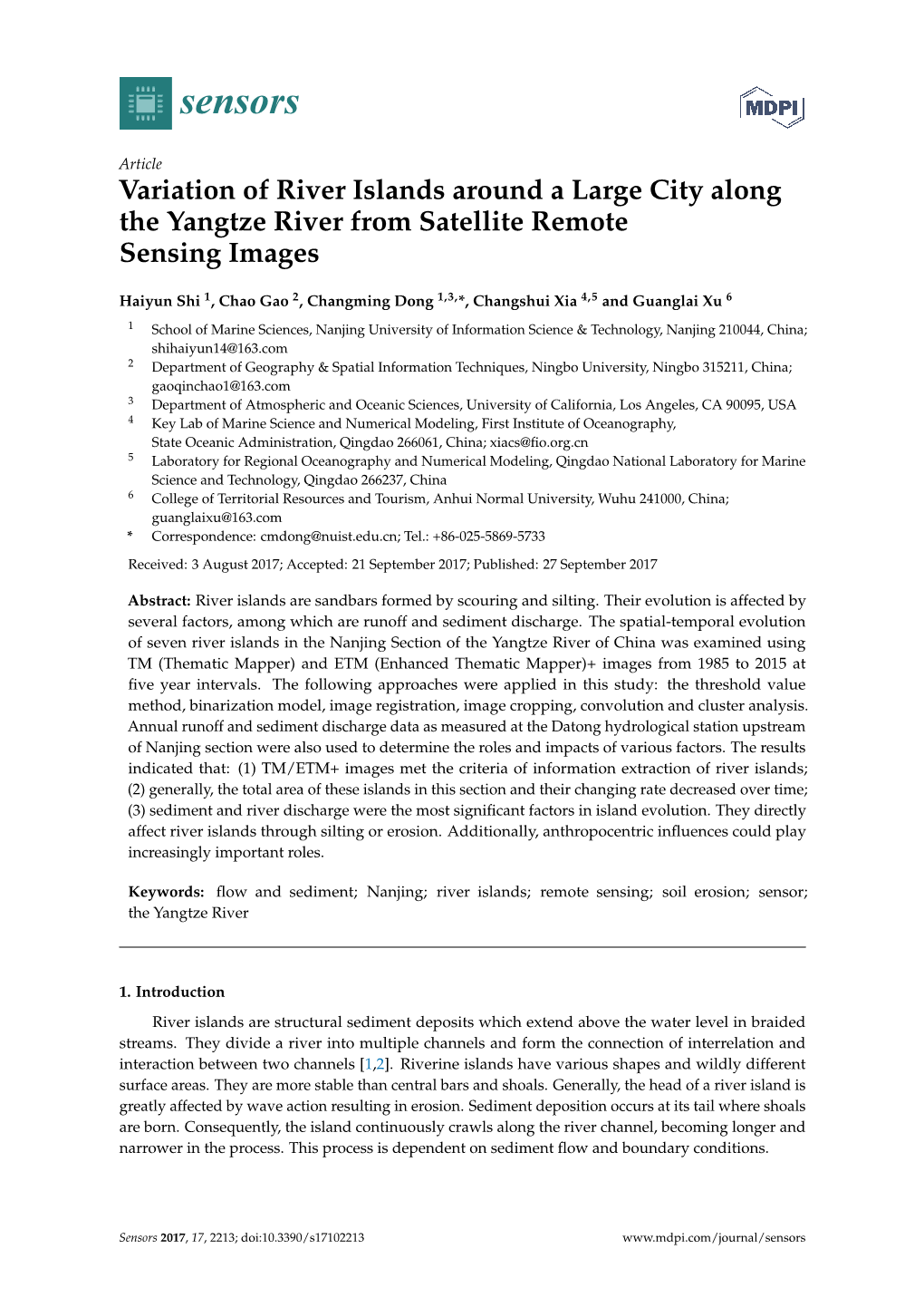 Variation of River Islands Around a Large City Along the Yangtze River from Satellite Remote Sensing Images