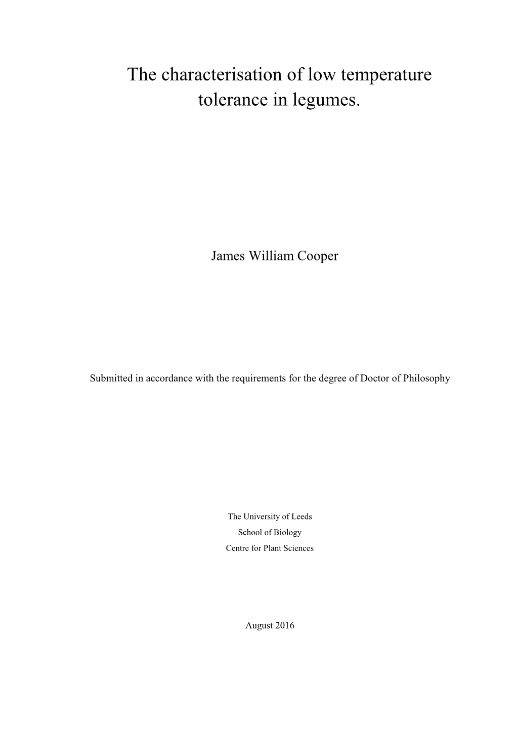 The Characterisation of Low Temperature Tolerance in Legumes
