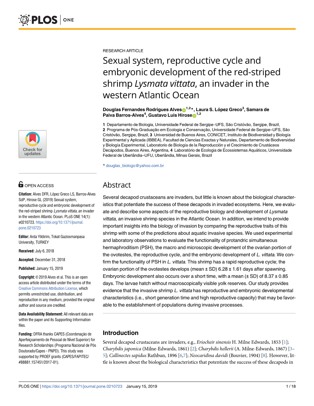 Sexual System, Reproductive Cycle and Embryonic Development of the Red-Striped Shrimp Lysmata Vittata, an Invader in the Western Atlantic Ocean