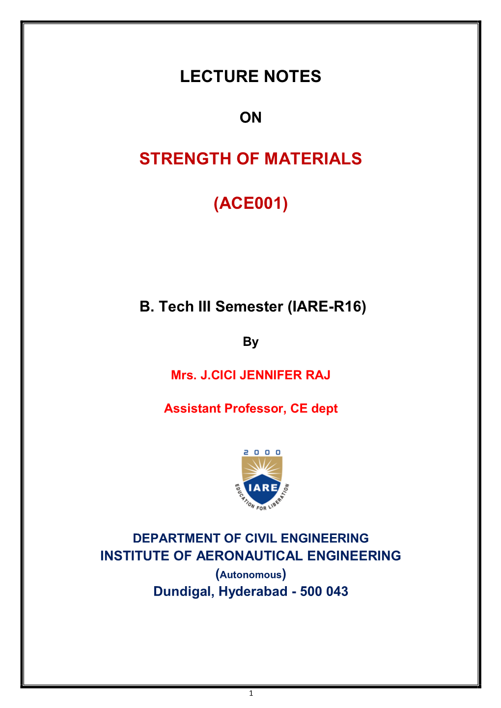 Lecture Notes Strength of Materials (Ace001)