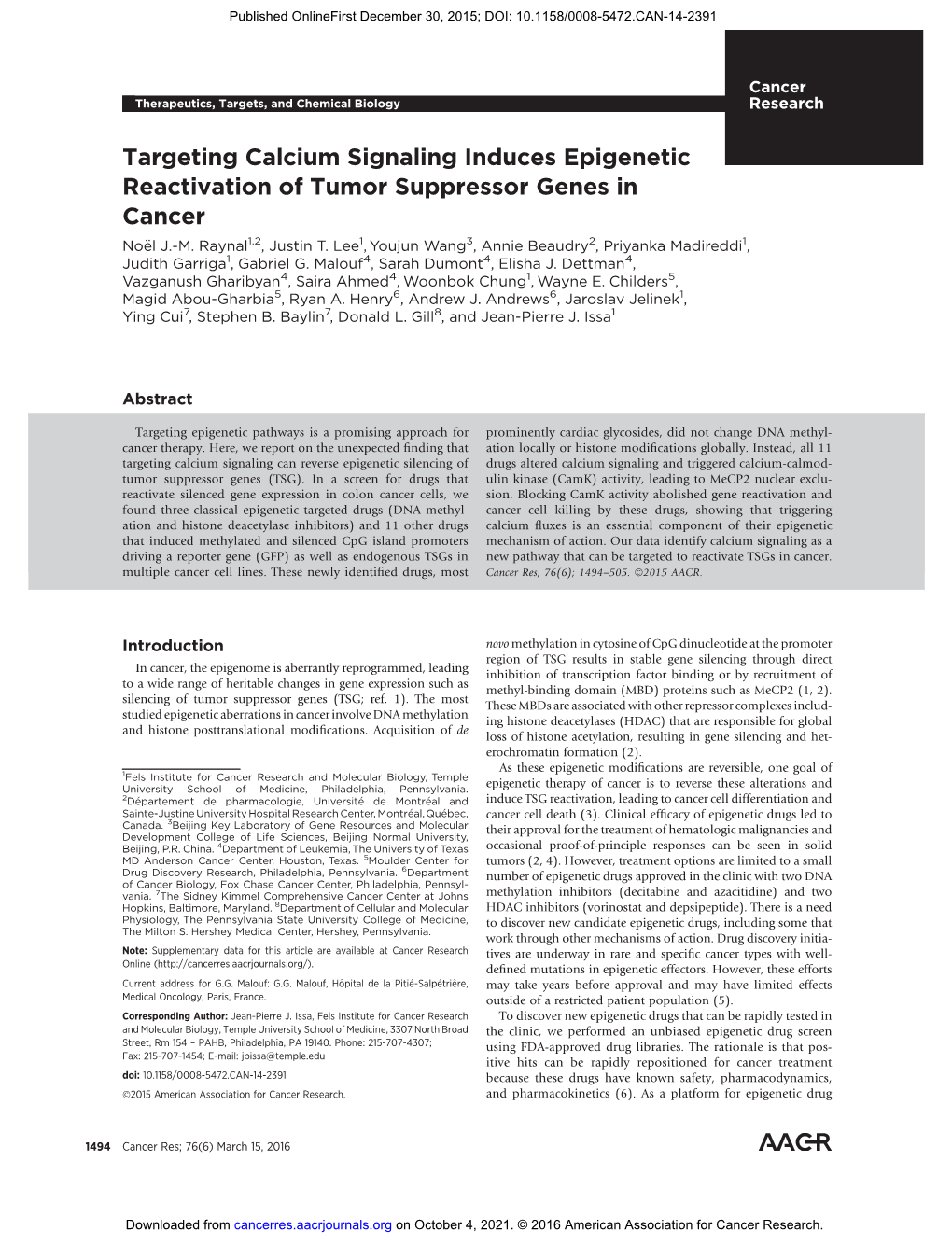 Targeting Calcium Signaling Induces Epigenetic Reactivation of Tumor Suppressor Genes in Cancer Noel€ J.-M