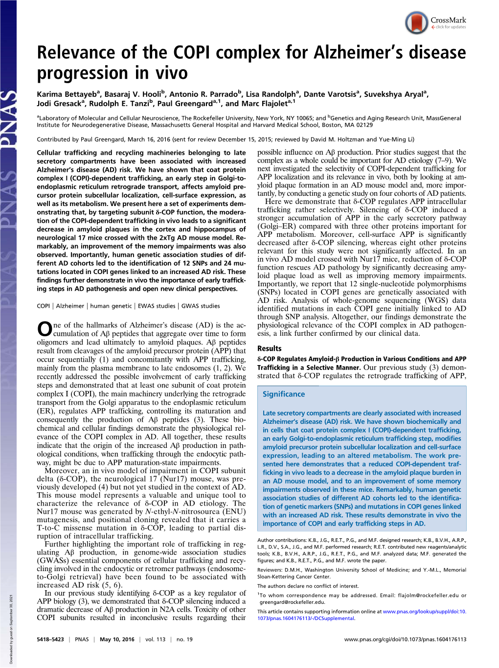 Relevance of the COPI Complex for Alzheimer's Disease Progression In