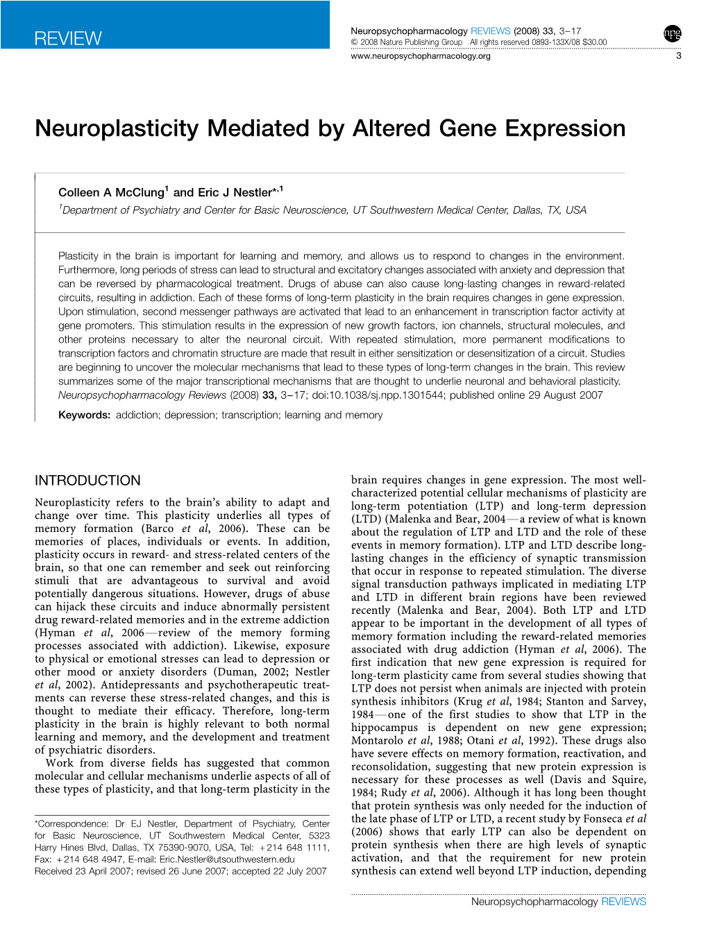 Neuroplasticity Mediated by Altered Gene Expression