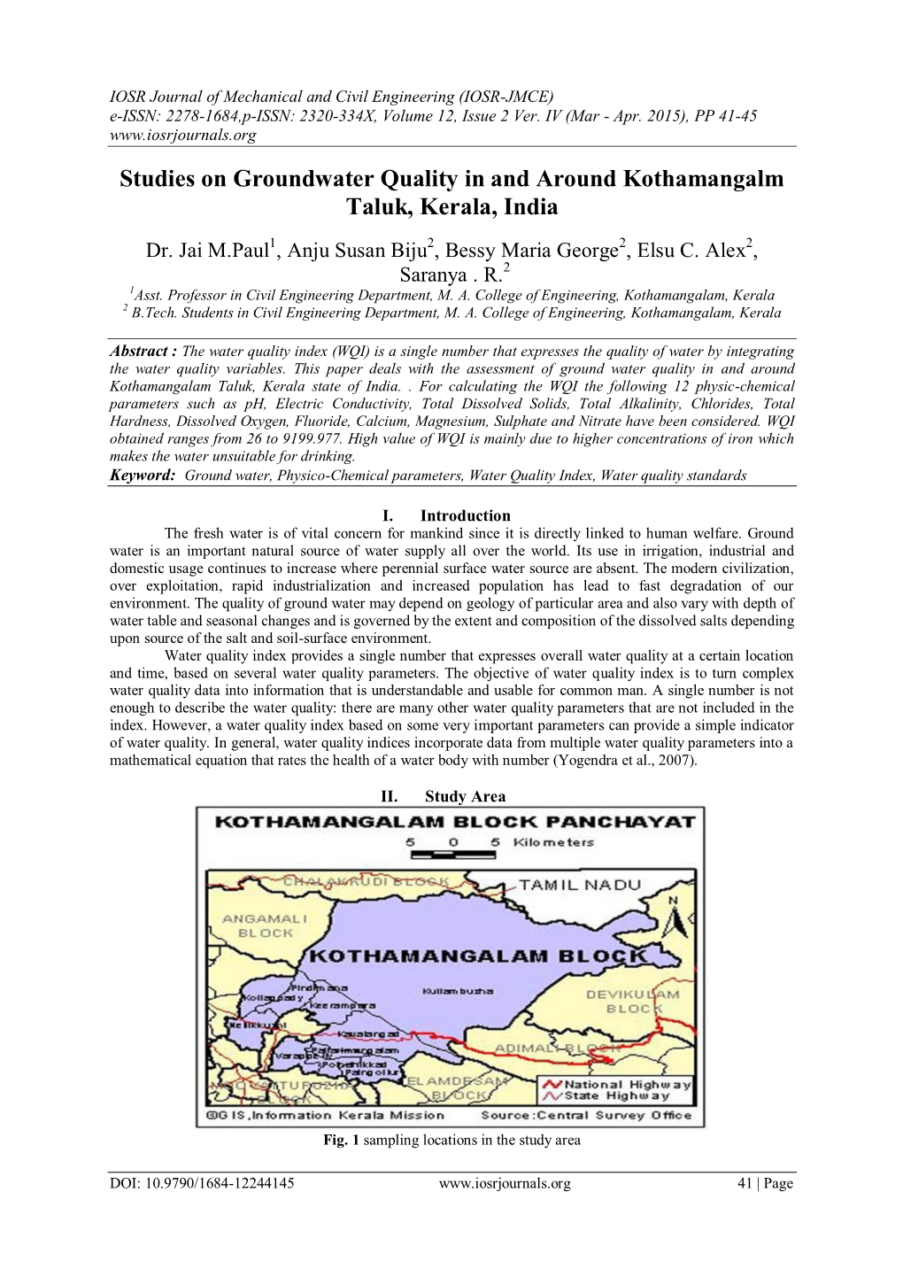 Studies on Groundwater Quality in and Around Kothamangalm Taluk, Kerala, India