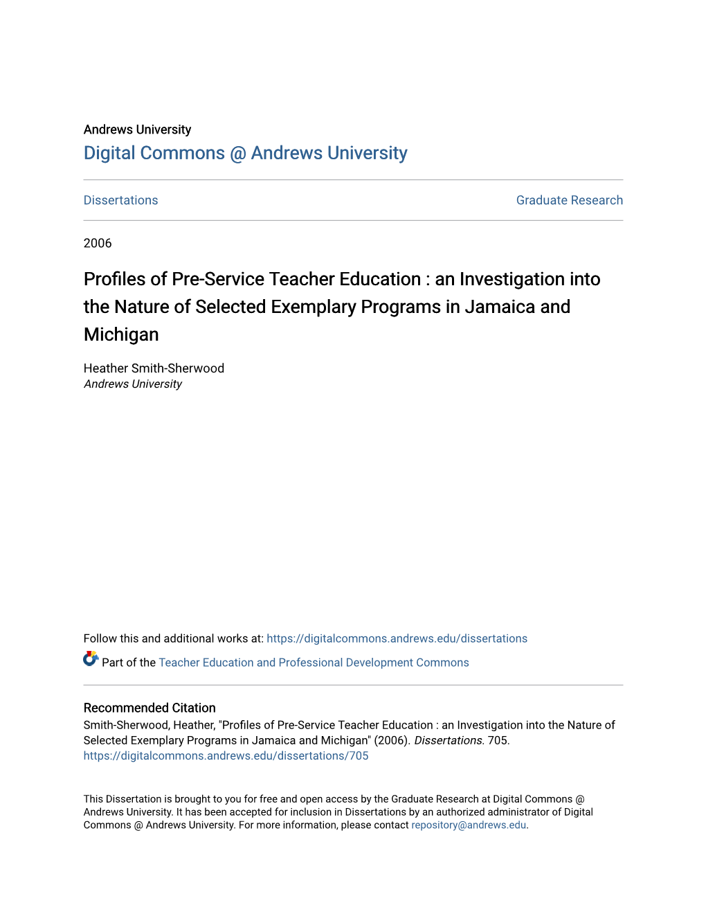 Profiles of Pre-Service Teacher Education : an Investigation Into the Nature of Selected Exemplary Programs in Jamaica and Michigan