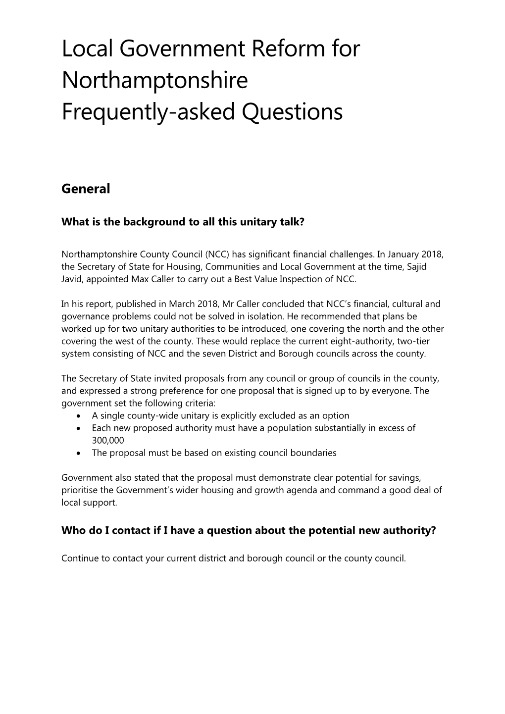 Local Government Reform for Northamptonshire Frequently-Asked Questions