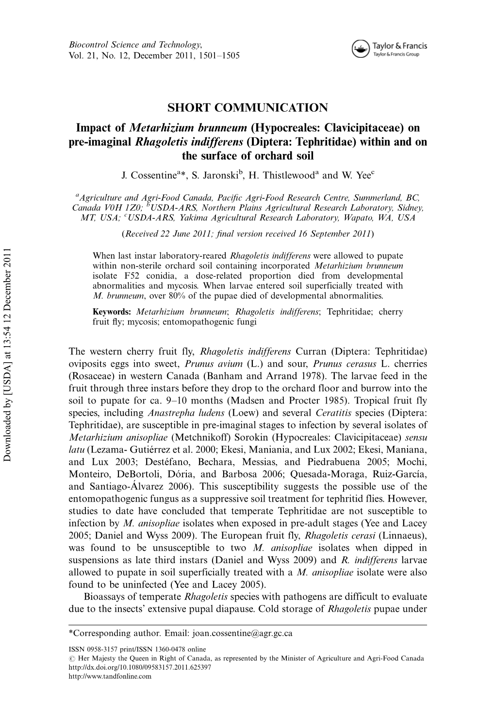 Impact of Metarhizium Brunneum (Hypocreales