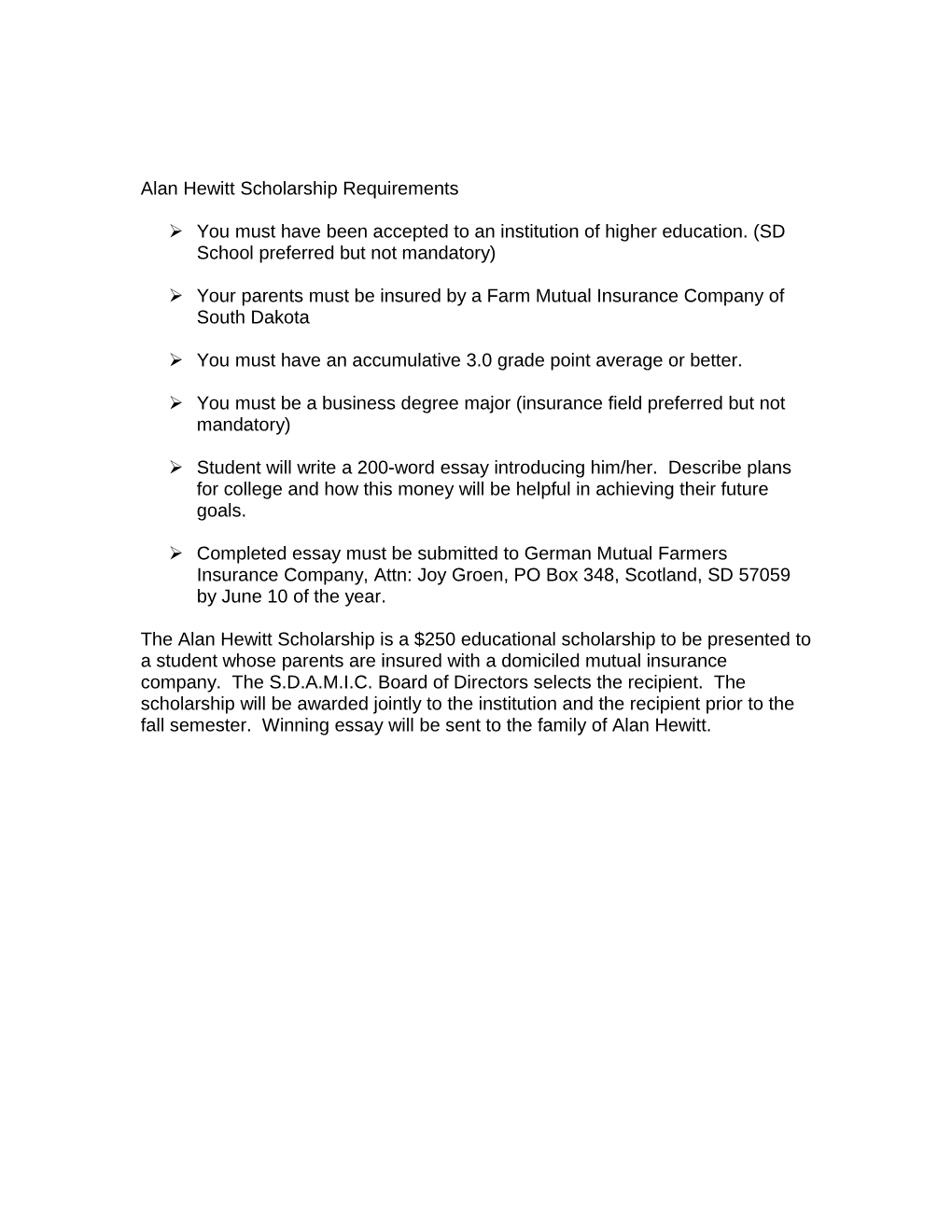 Alan Hewitt Scholarship Requirements