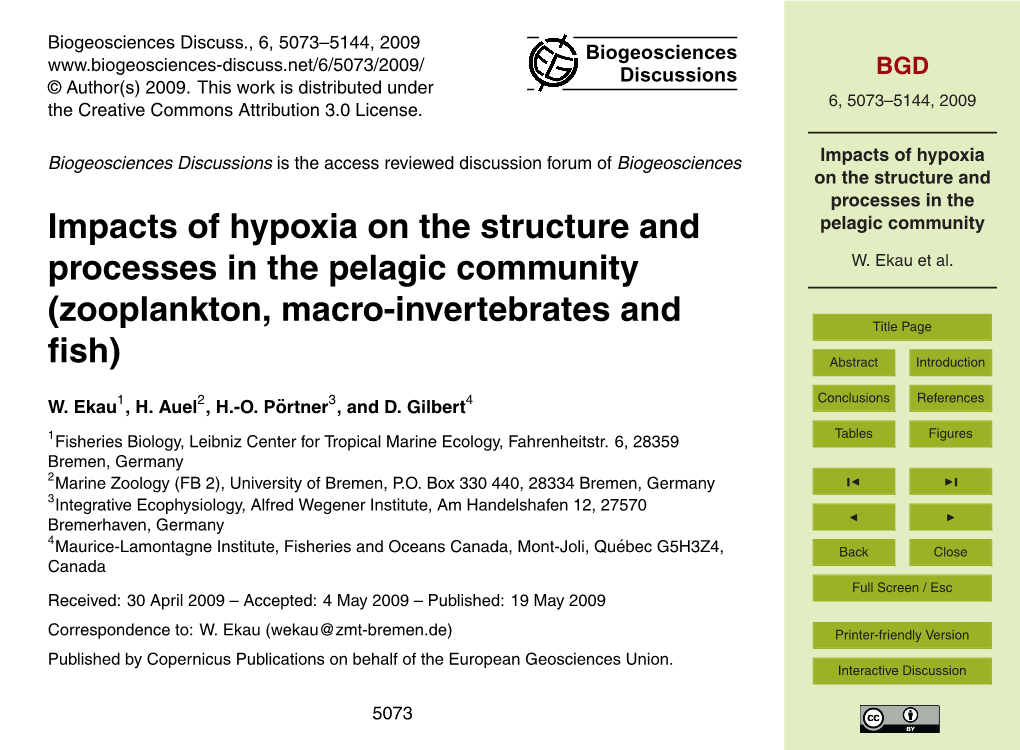 Impacts of Hypoxia on the Structure and Processes in the Pelagic Community