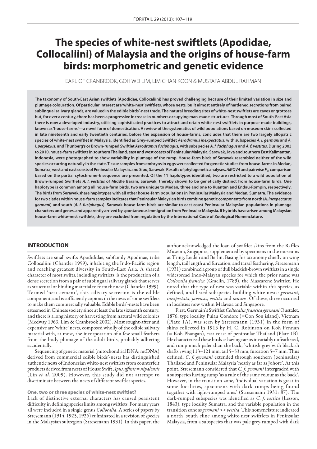 The Species of White-Nest Swiftlets (Apodidae, Collocaliini) of Malaysia and the Origins of House-Farm Birds: Morphometric and Genetic Evidence