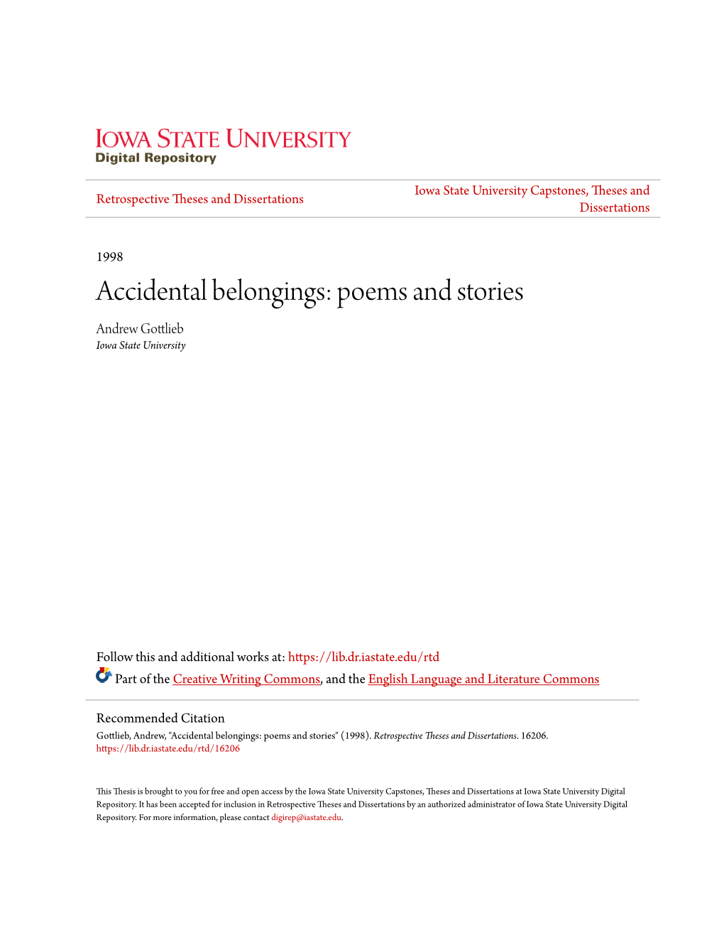 Accidental Belongings: Poems and Stories Andrew Gottlieb Iowa State University