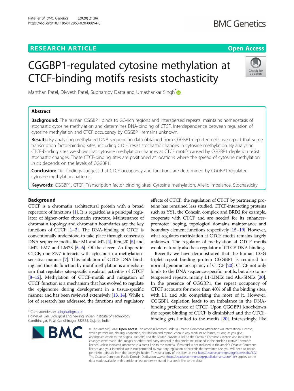 CGGBP1-Regulated Cytosine Methylation at CTCF-Binding Motifs Resists Stochasticity Manthan Patel, Divyesh Patel, Subhamoy Datta and Umashankar Singh*