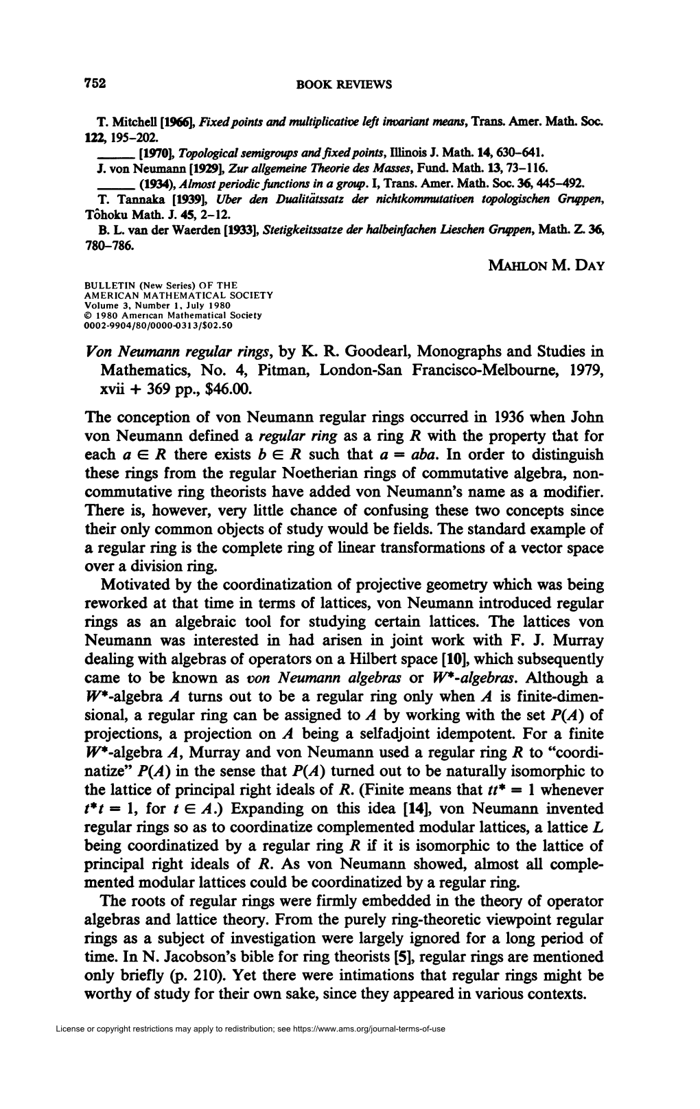 Von Neumann Regular Rings, by K. R. Goodearl, Monographs and Studies in Mathematics, No. 4, Pitman, London-San Francisco-Melbourne, 1979, Xvii + 369 Pp., $46.00