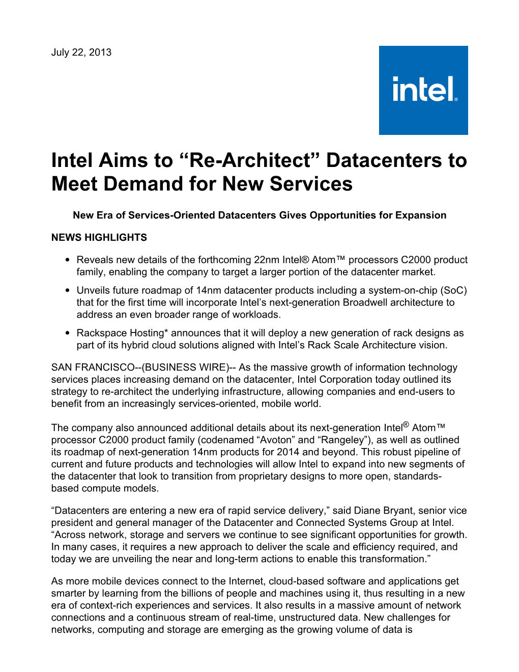 Intel Aims to “Re-Architect” Datacenters to Meet Demand for New Services