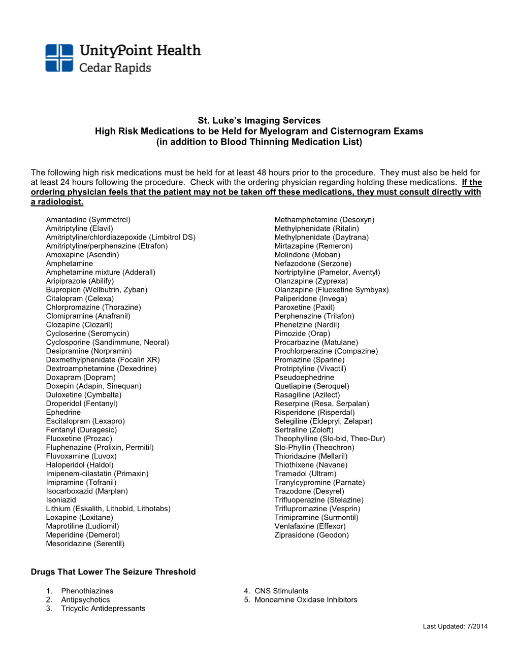 High Risk Medications to Be Held for Myelogram and Cisternogram Exams (In Addition to Blood Thinning Medication List)