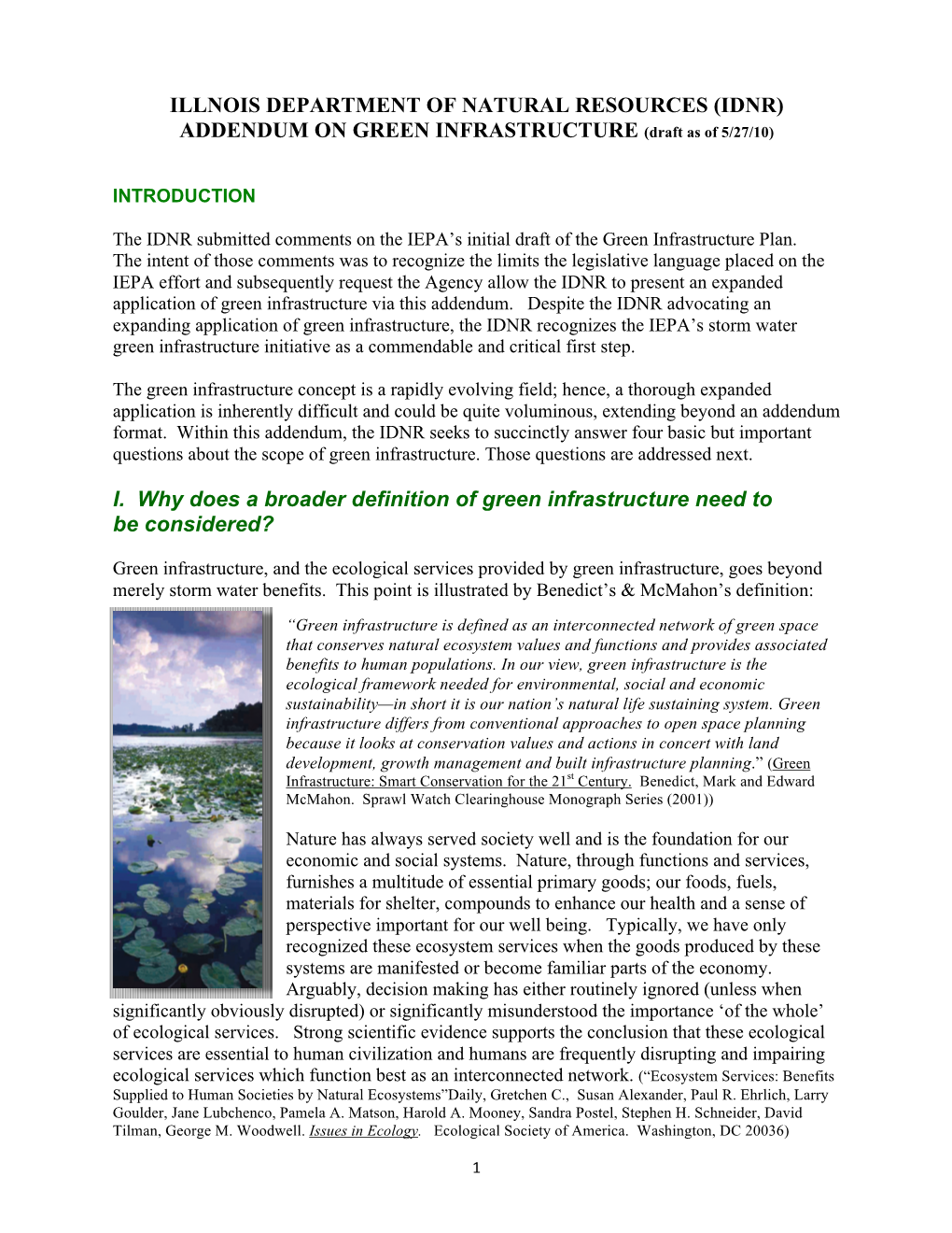 IDNR) ADDENDUM on GREEN INFRASTRUCTURE (Draft As of 5/27/10