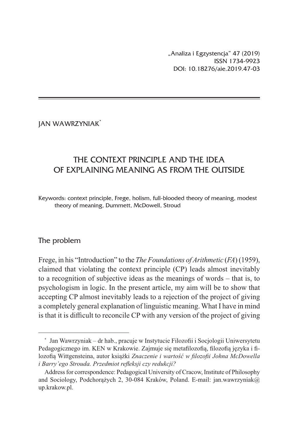 The Context Principle and the Idea of Explaining Meaning As from the Outside