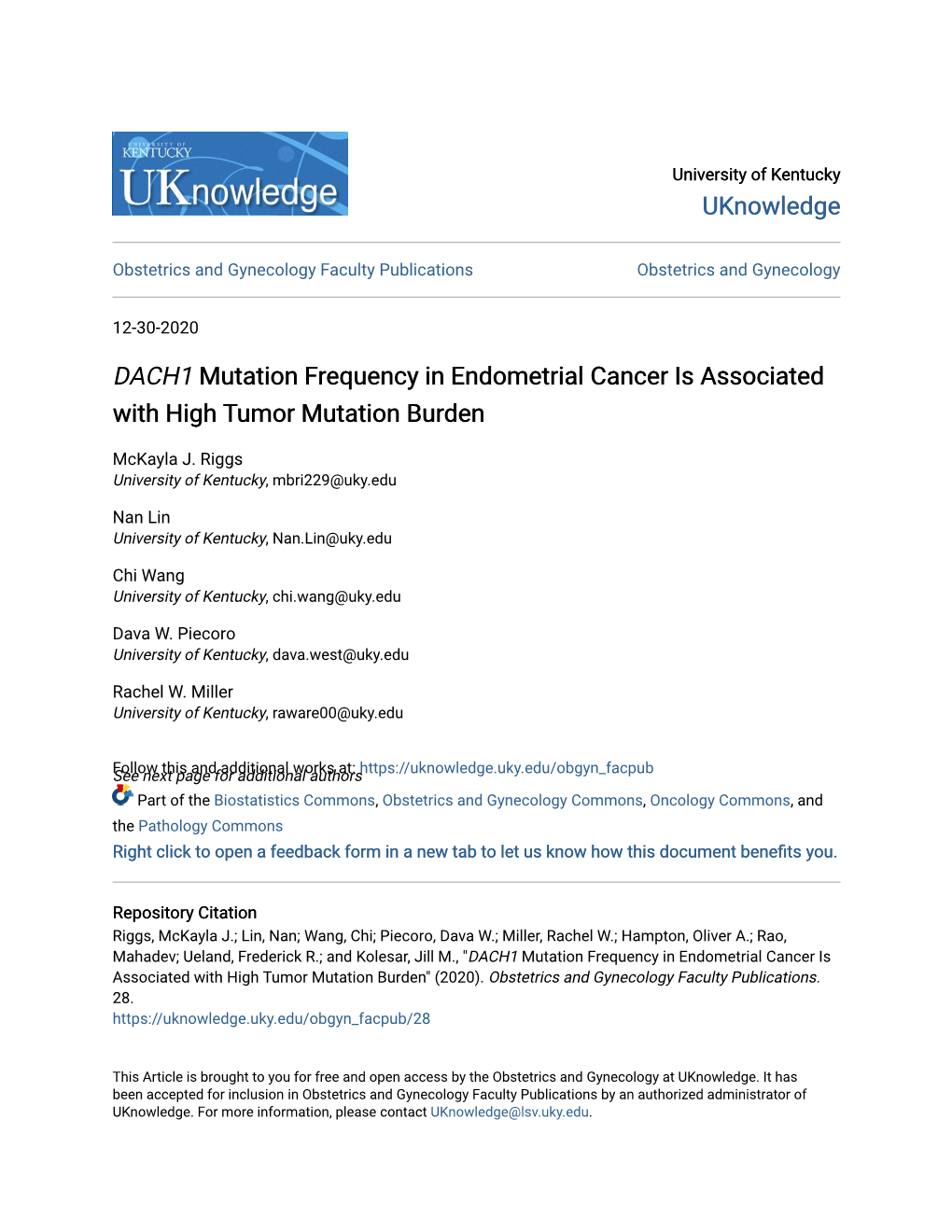 DACH1 Mutation Frequency in Endometrial Cancer Is Associated with High Tumor Mutation Burden